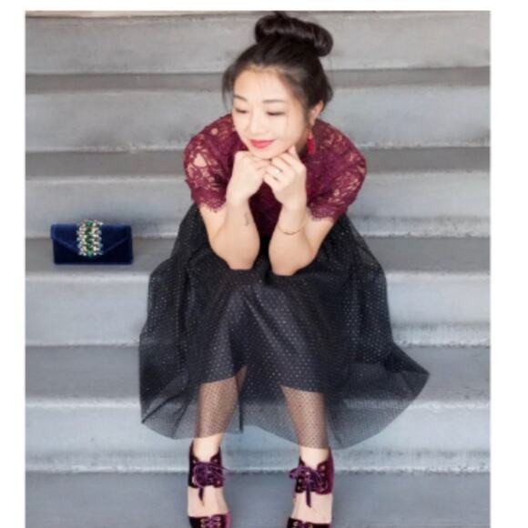 Zara Wine Lace Mock Neck Top - Picture 2 of 9